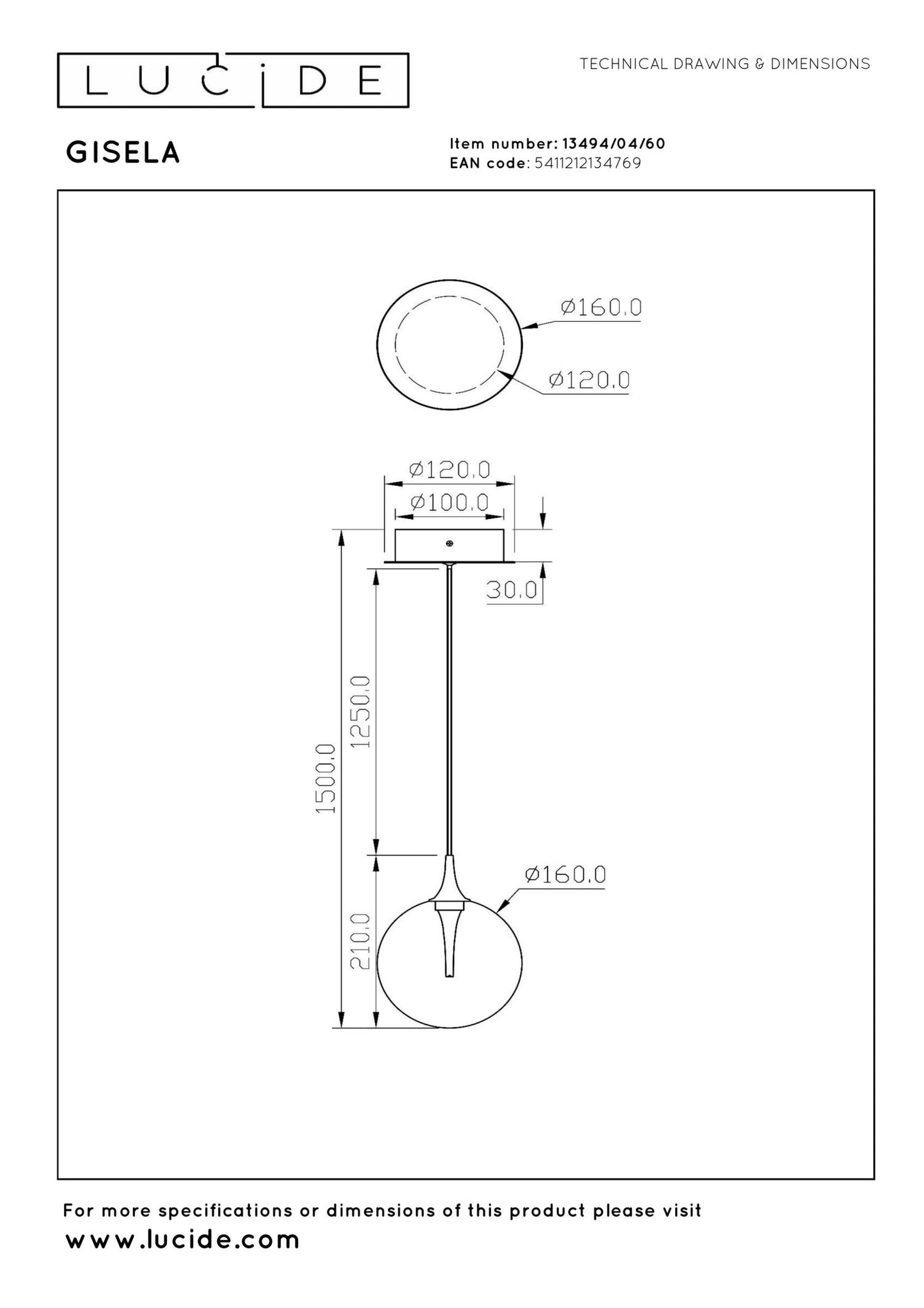 Hanglamp Gisela helder 1-lichts incl. LED