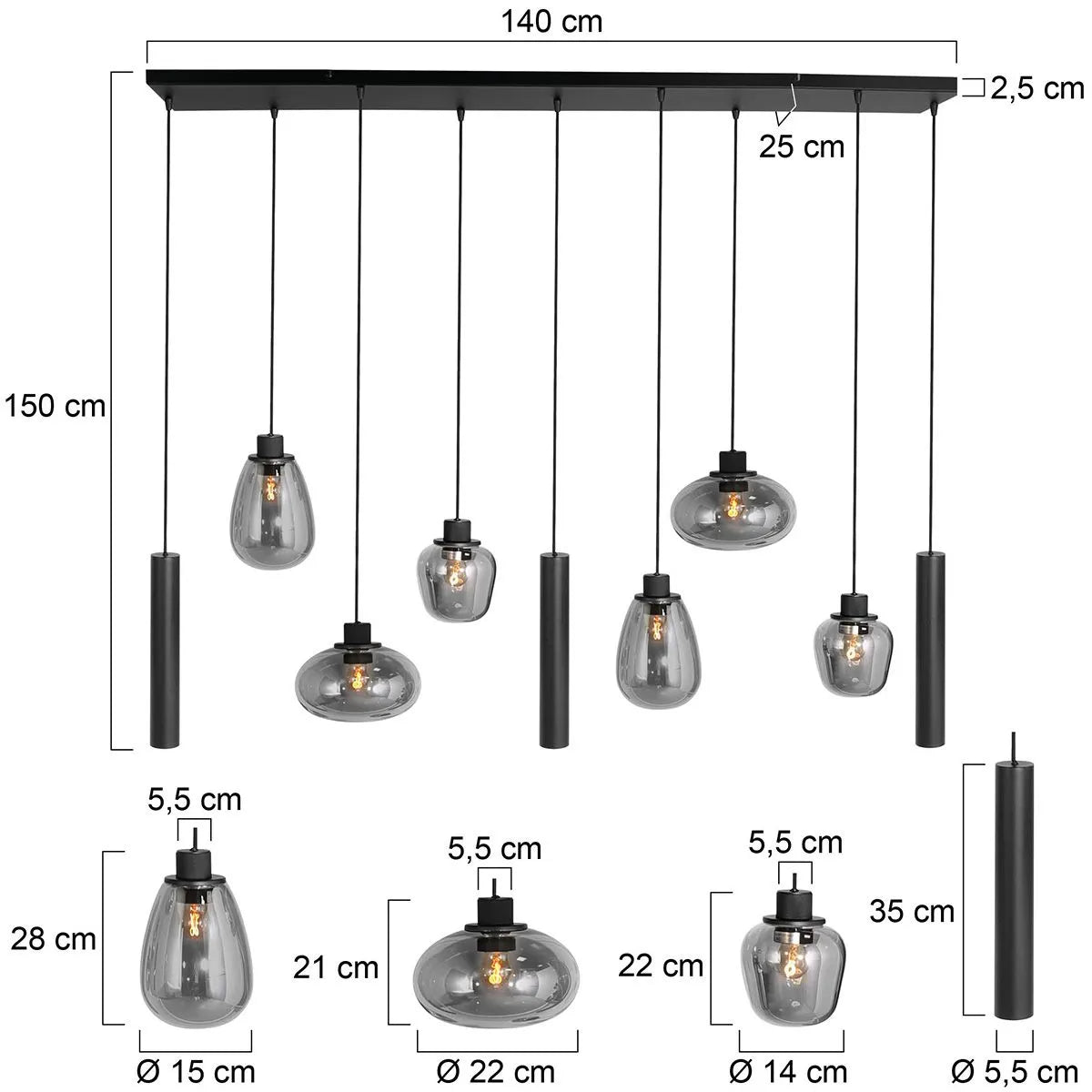 Hanglamp smoke met zwarte tubes 6xE27 3xGU10 253769ZW