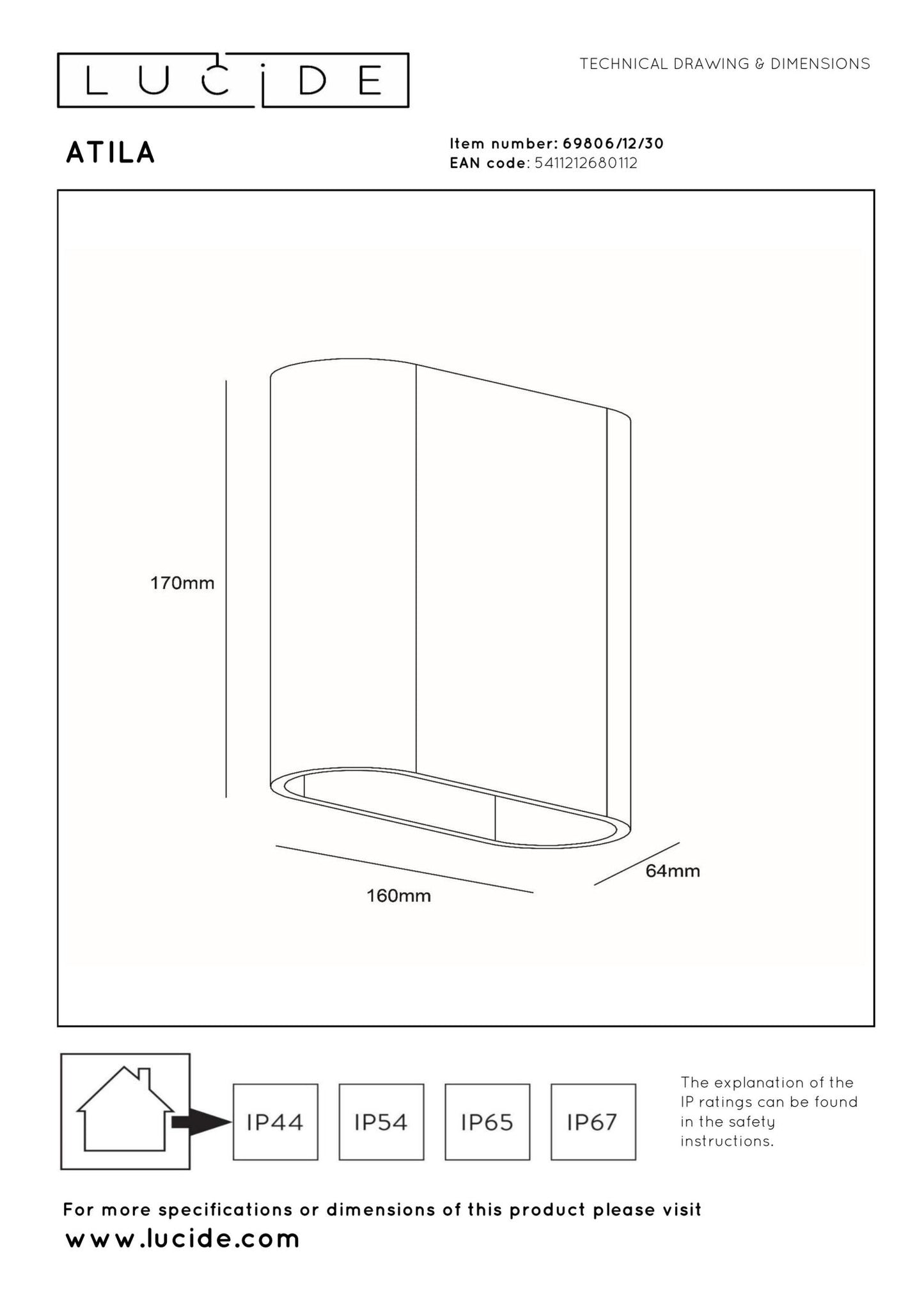 Wandlamp Atila buiten/badkamer ovaal zwart incl. LED
