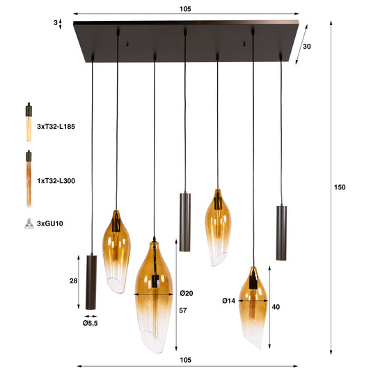 Hanglamp Cocoon pendel 4+3-lichts / Sienna bruin-shaded
