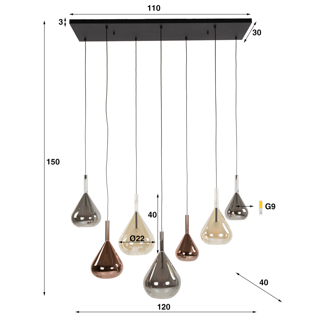 Hanglamp Wings 4+3-lichts / Zwart