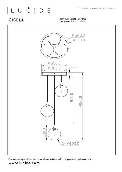Hanglamp Gisela amber 3-lichts incl. LED
