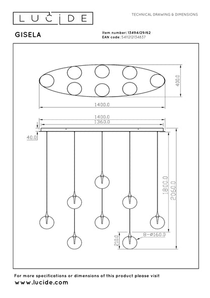 Hanglamp Gisela amber 8-lichts incl. LED