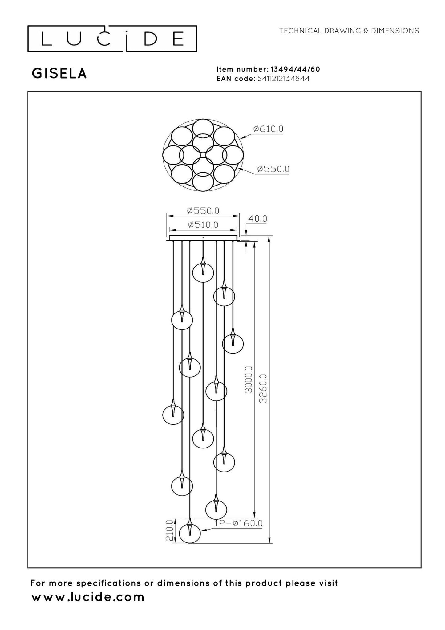 Hanglamp Gisela helder 12-lichts incl. LED