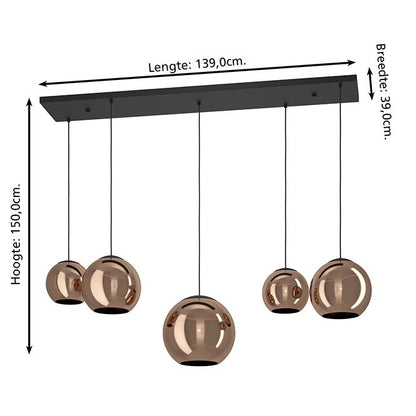 Hanglamp glas koper 5-lichts E27 18390388