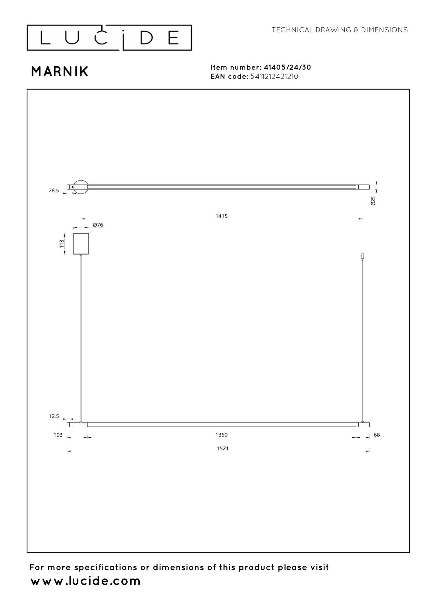 Strakke hanglamp Marnik 152cm zwart-goud