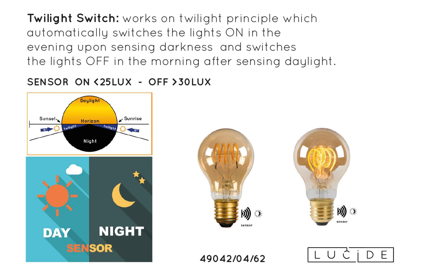 Lucide A60 gold 4W E27 dag- nacht sensor LED