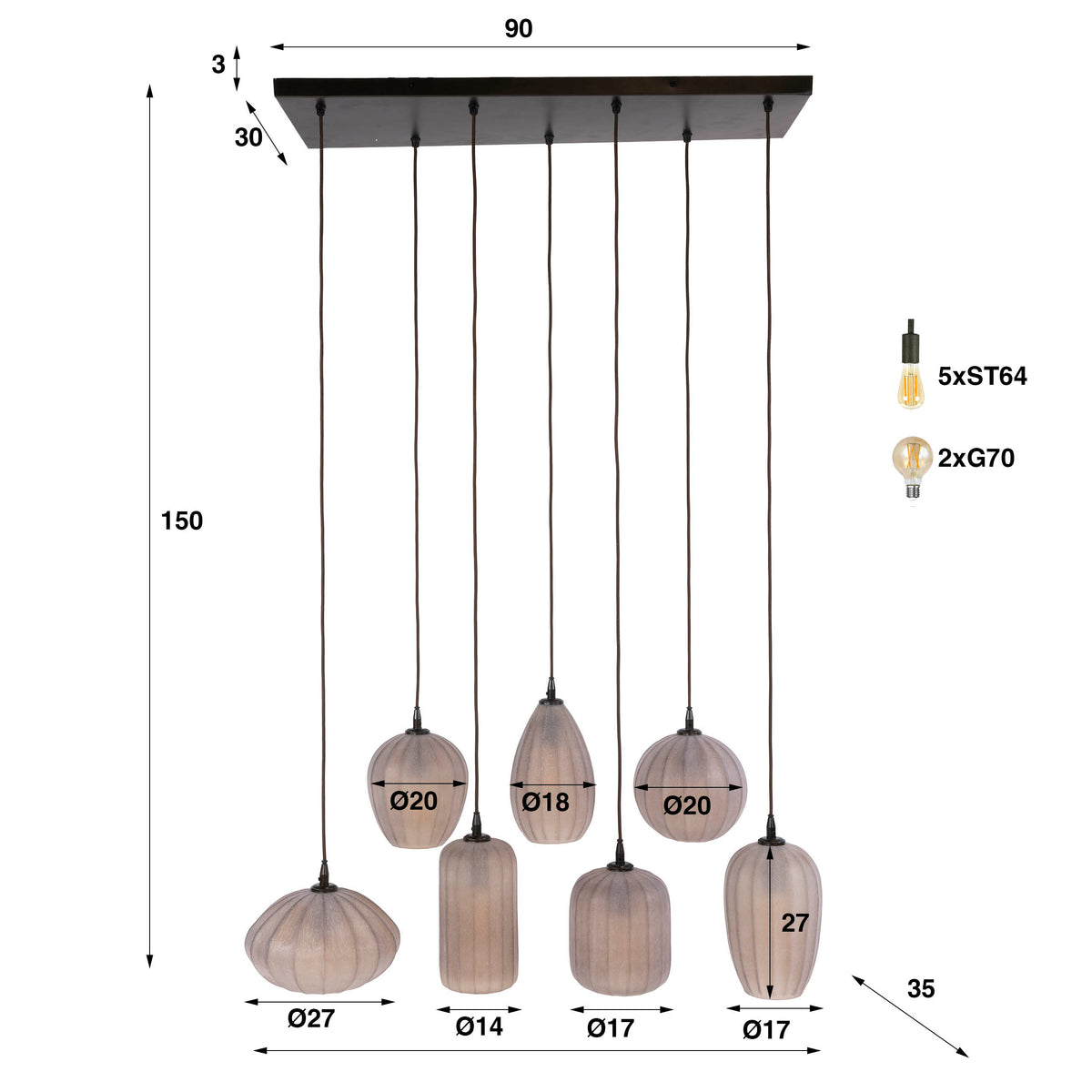 Hanglamp Altura 7-lichts / Sienna bruin-frosted