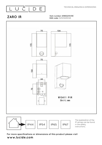 Wandlamp buiten Zaro vierkant bewegingssensor 1xGU10