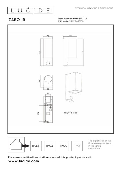 Wandlamp buiten Zaro vierkant bewegingssensor 2xGU10